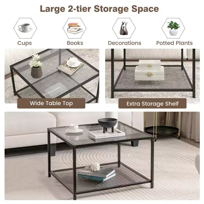Table basse en verre 70 cm 2 étages carrée avec étagère en maille Salon Gris/Transparent