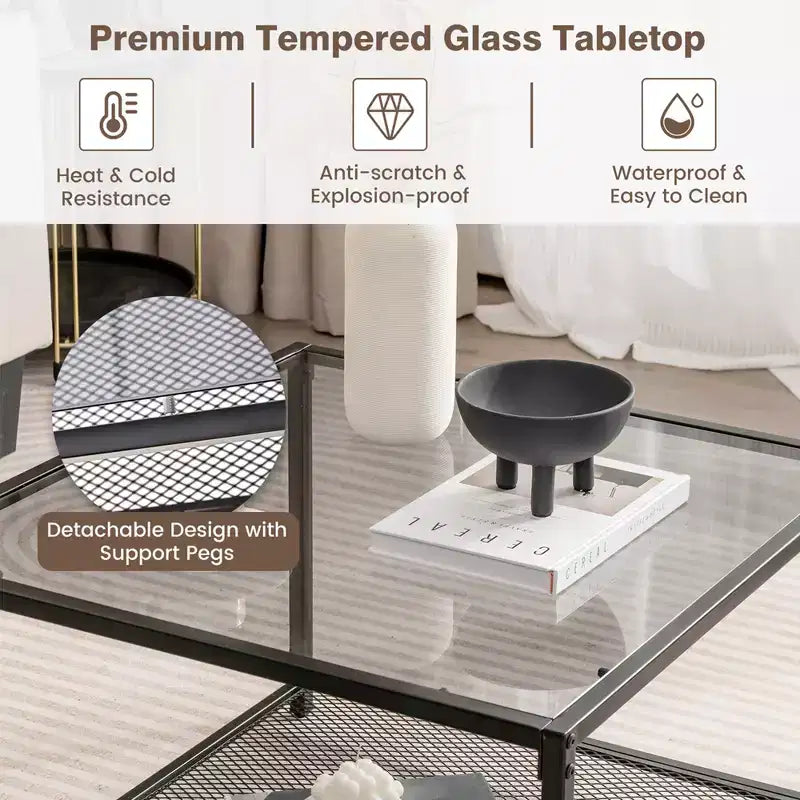 Table basse en verre 70 cm 2 étages carrée avec étagère en maille Salon Gris/Transparent