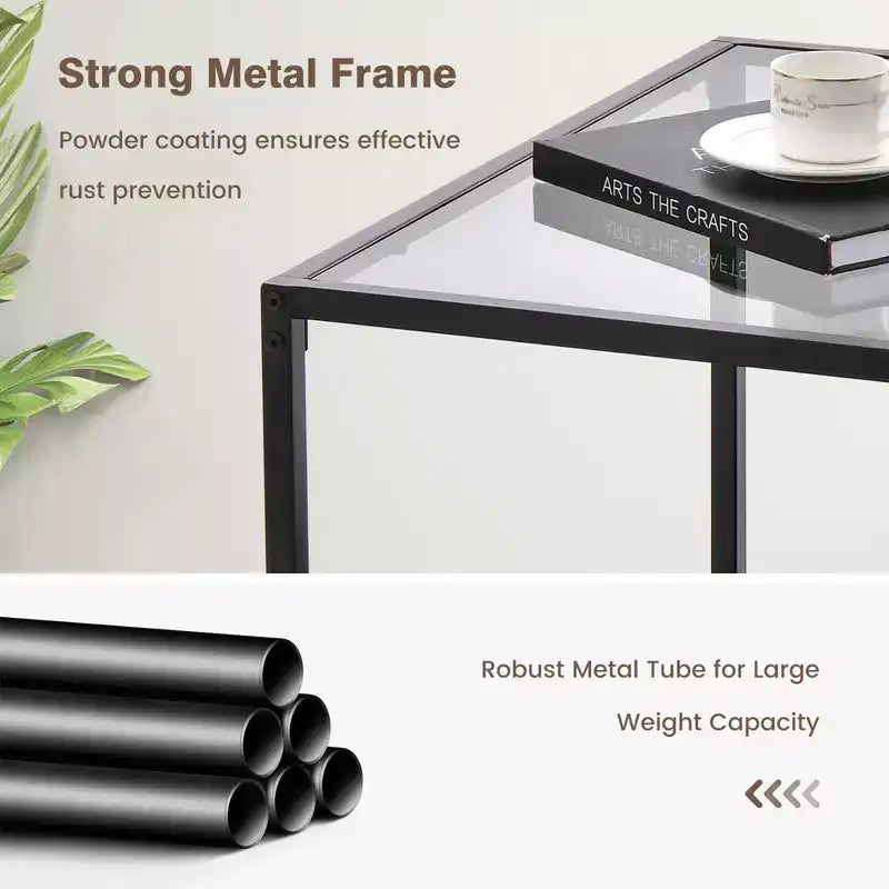 Table basse en verre 70 cm 2 étages carrée avec étagère en maille Salon Gris/Transparent