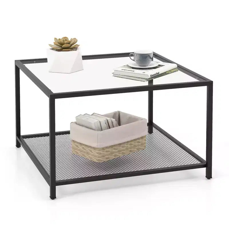 Table basse en verre 70 cm 2 étages carrée avec étagère en maille Salon Gris/Transparent