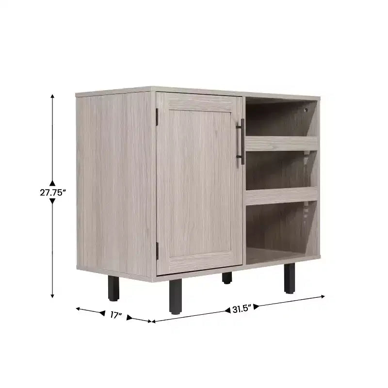 Bar classique et meuble d'appoint avec armoire à porte unique de style Shaker avec rangement suspendu pour verres et étagères ouvertes pour bouteilles