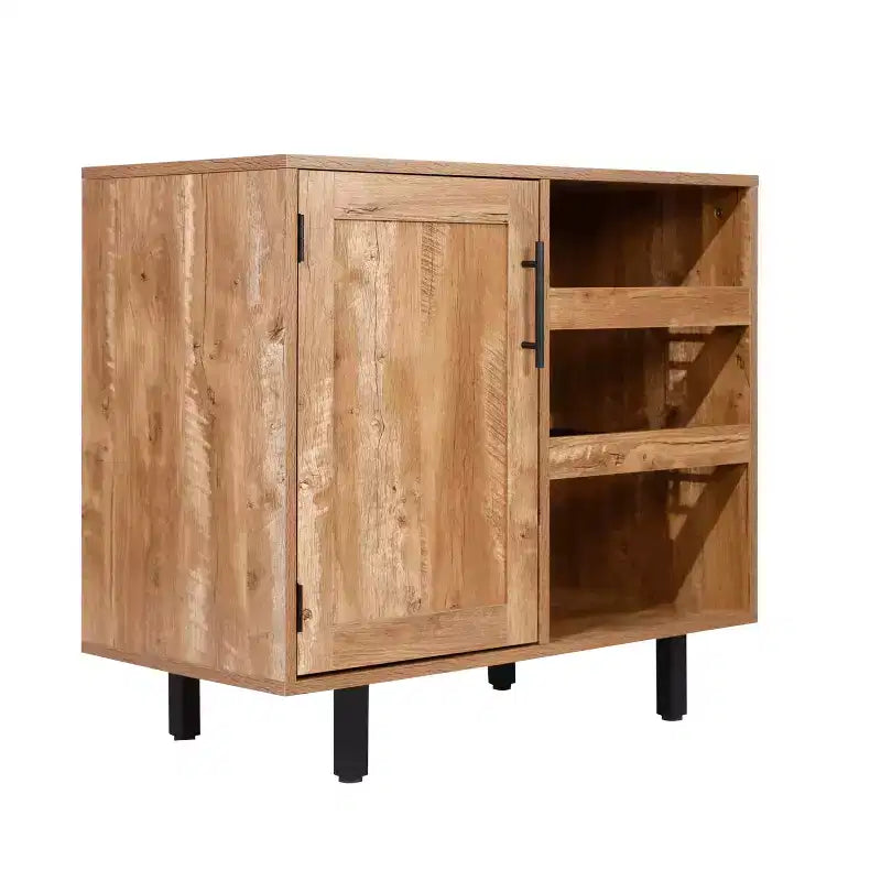 Bar classique et meuble d'appoint avec armoire à porte unique de style Shaker avec rangement suspendu pour verres et étagères ouvertes pour bouteilles