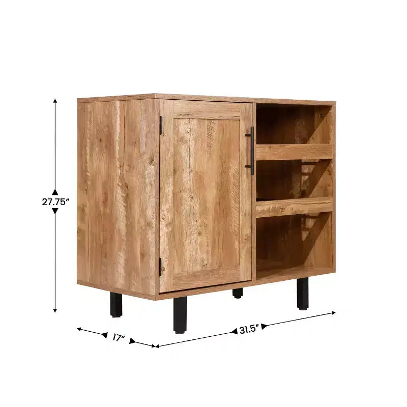 Bar classique et meuble d'appoint avec armoire à porte unique de style Shaker avec rangement suspendu pour verres et étagères ouvertes pour bouteilles