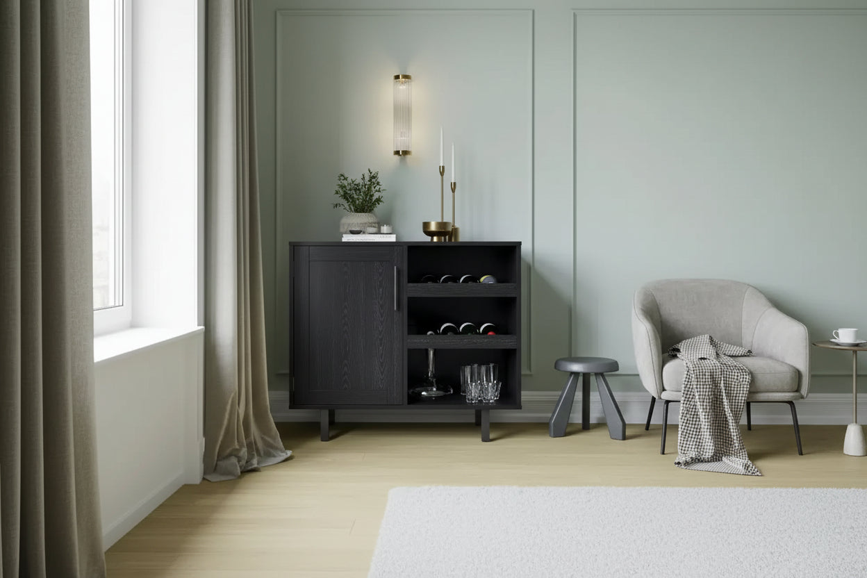 Flash Furniture Elmont Classic Bar and Sideboard with Shaker Style Single Door Cabinet with Hanging Glass Storage and Open Bottle Shelves