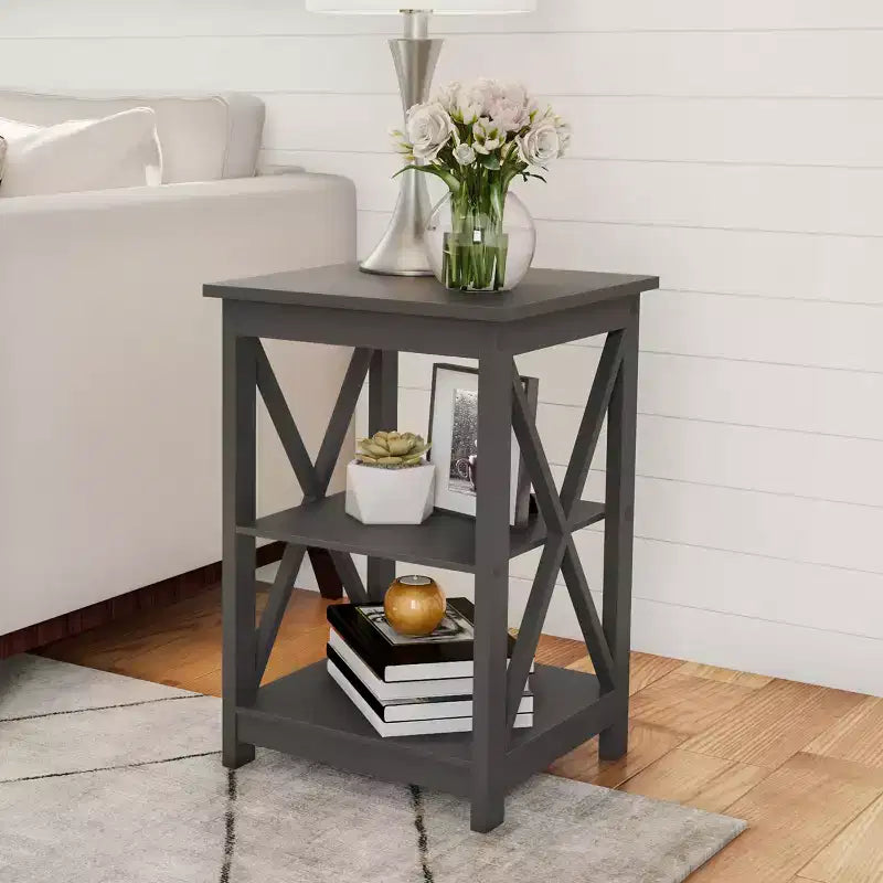 Table d'appoint en bois à deux étagères et pieds en croix