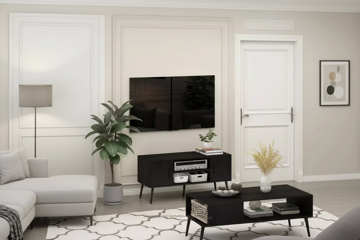 Furinno Mid-Century TV Stand Entertainment Media Console w/2 Cabinets&Open Storage Shelves for TVs up to 50,Espresso