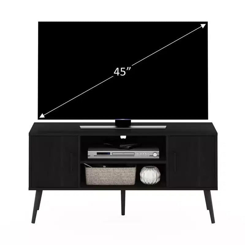 Meuble TV console multimédia de milieu de siècle avec 2 armoires et étagères ouvertes pour TV jusqu'à 50 pouces, Espresso