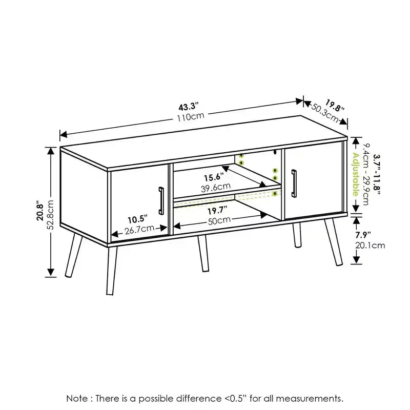 Meuble TV console multimédia de milieu de siècle avec 2 armoires et étagères ouvertes pour TV jusqu'à 50 pouces, Espresso