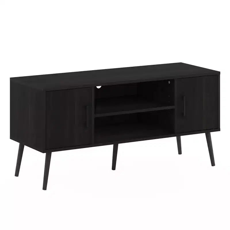 Meuble TV console multimédia de milieu de siècle avec 2 armoires et étagères ouvertes pour TV jusqu'à 50 pouces, Espresso