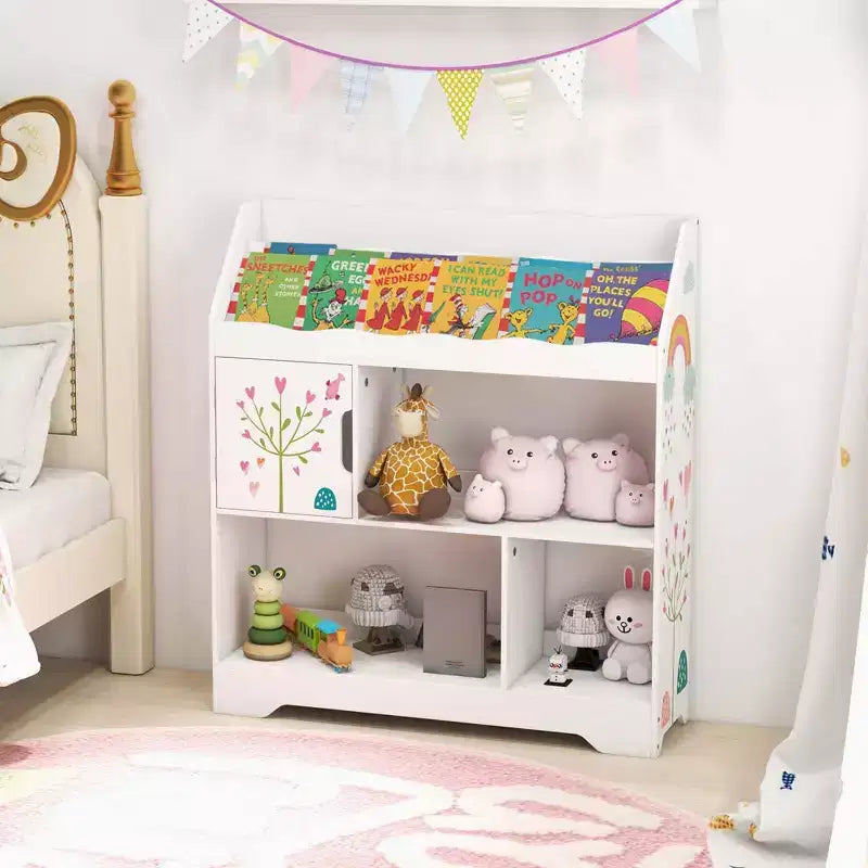 Meuble de rangement 3-en-1 pour jouets avec étagère à livres et meuble de rangement, blanc/bleu
