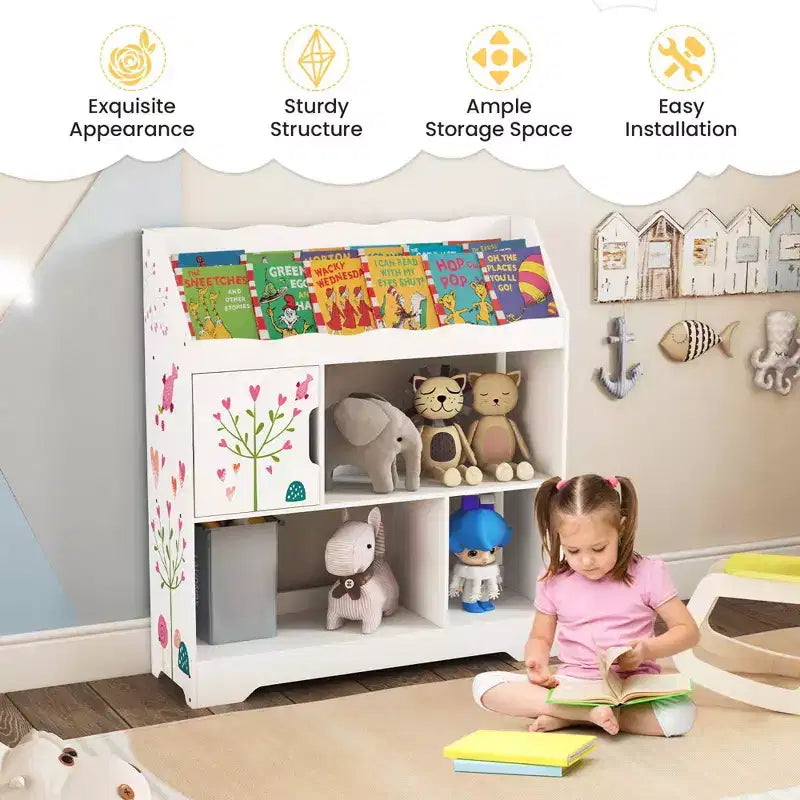 Meuble de rangement 3-en-1 pour jouets avec étagère à livres et meuble de rangement, blanc/bleu