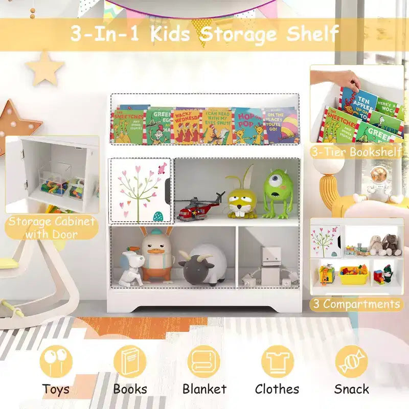Meuble de rangement 3-en-1 pour jouets avec étagère à livres et meuble de rangement, blanc/bleu