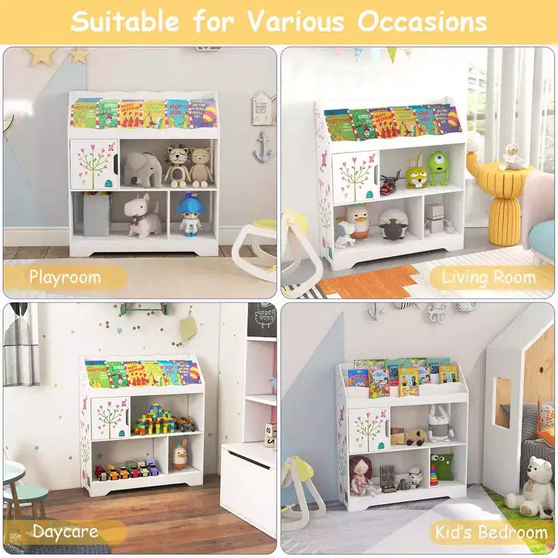 Meuble de rangement 3-en-1 pour jouets avec étagère à livres et meuble de rangement, blanc/bleu