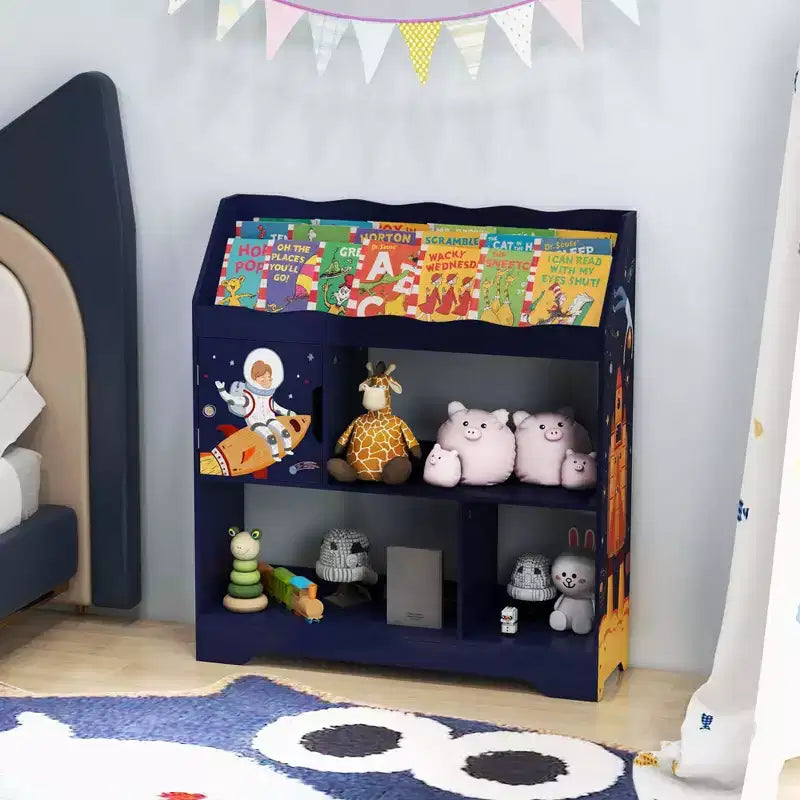 Meuble de rangement 3-en-1 pour jouets avec étagère à livres et meuble de rangement, blanc/bleu