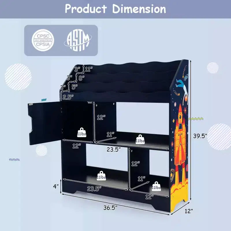 Meuble de rangement 3-en-1 pour jouets avec étagère à livres et meuble de rangement, blanc/bleu