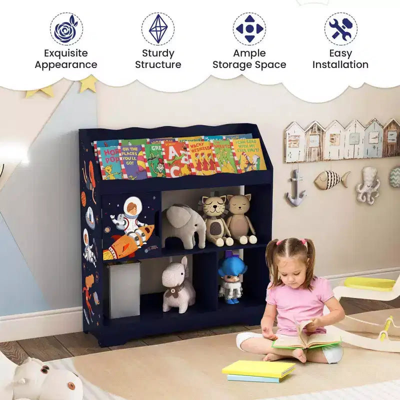 Meuble de rangement 3-en-1 pour jouets avec étagère à livres et meuble de rangement, blanc/bleu