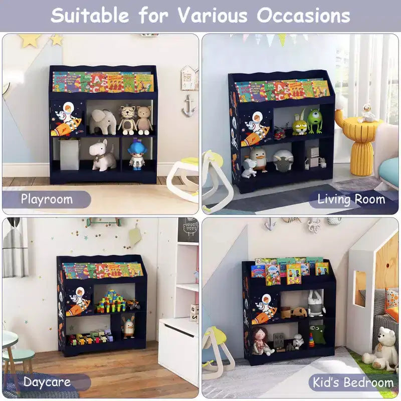 Meuble de rangement 3-en-1 pour jouets avec étagère à livres et meuble de rangement, blanc/bleu