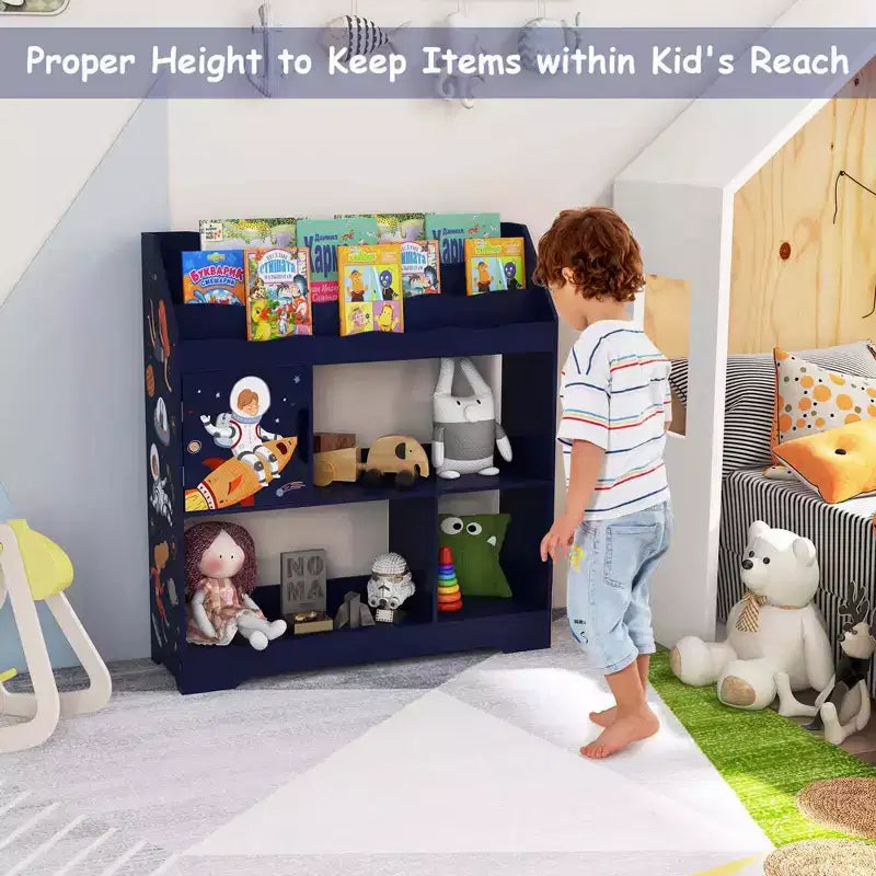 Meuble de rangement 3-en-1 pour jouets avec étagère à livres et meuble de rangement, blanc/bleu