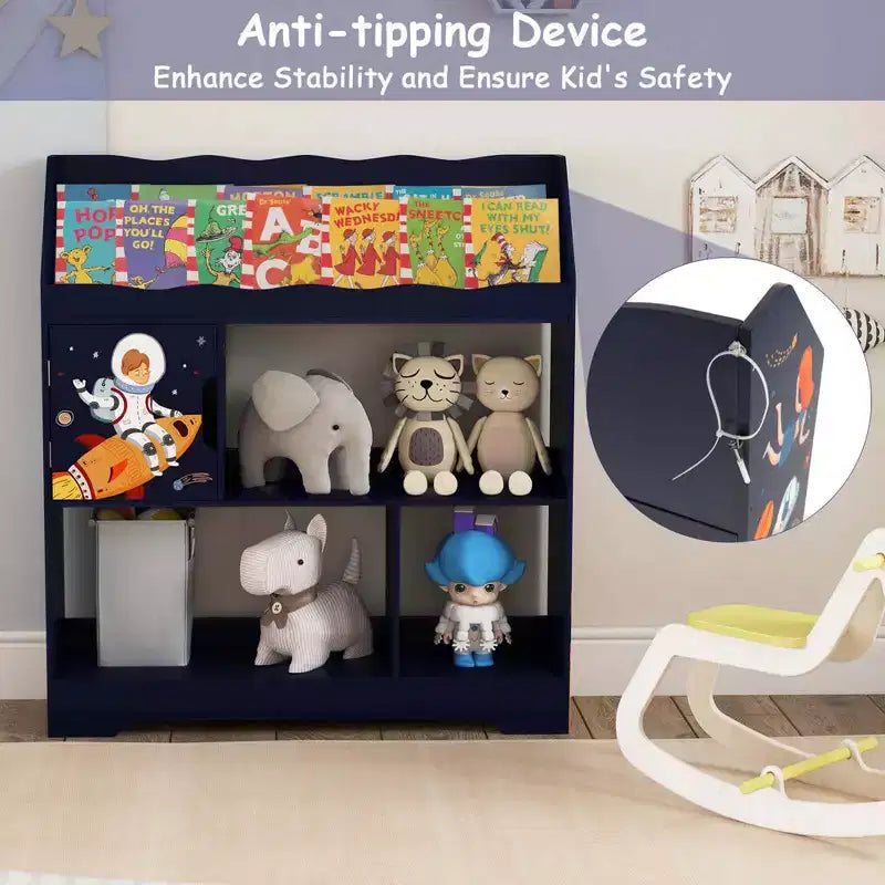 Meuble de rangement 3-en-1 pour jouets avec étagère à livres et meuble de rangement, blanc/bleu