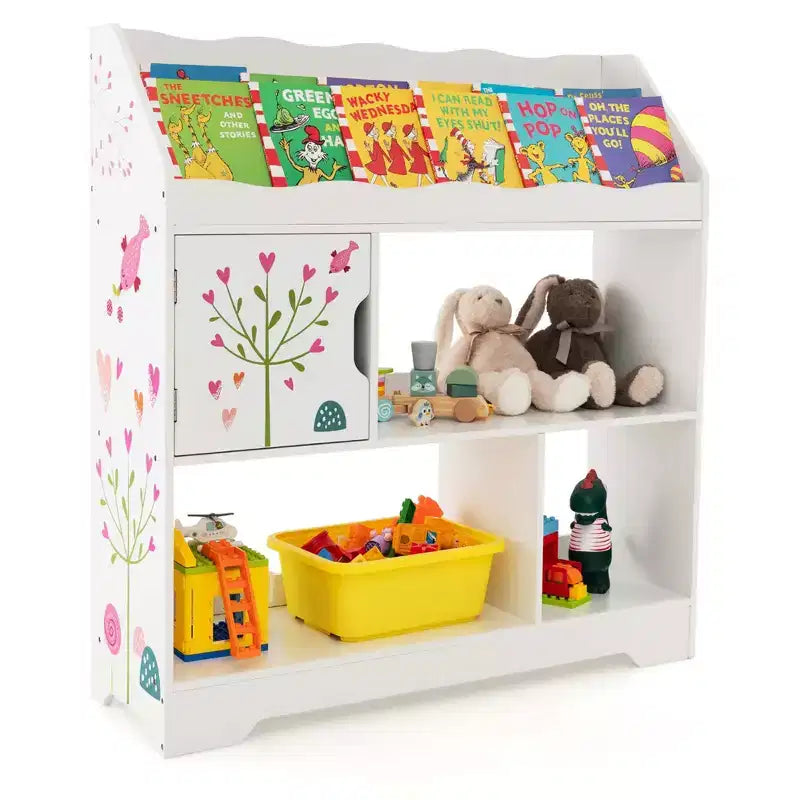 Meuble de rangement 3-en-1 pour jouets avec étagère à livres et meuble de rangement, blanc/bleu