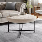Pouf rond touffeté en coton et lin de 34 po (avec cadre en métal)