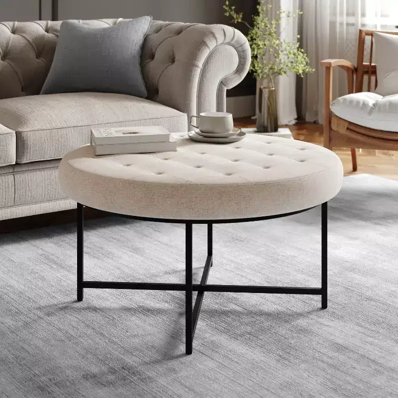 Pouf rond touffeté en coton et lin de 34 po (avec cadre en métal)