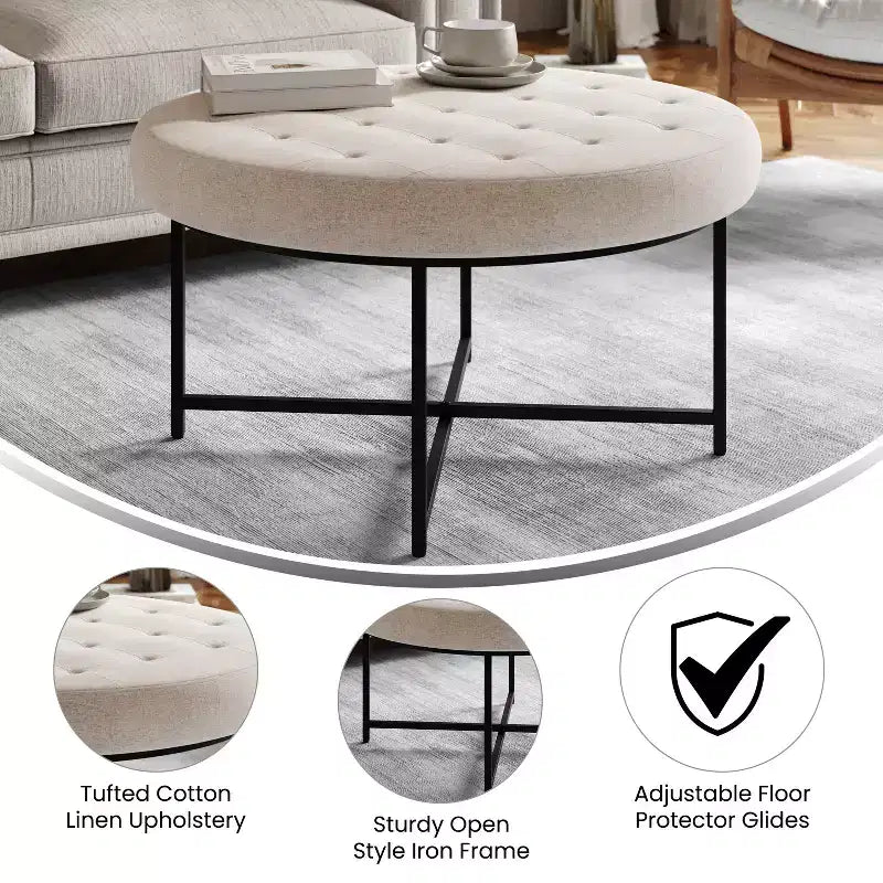 Pouf rond touffeté en coton et lin de 34 po (avec cadre en métal)