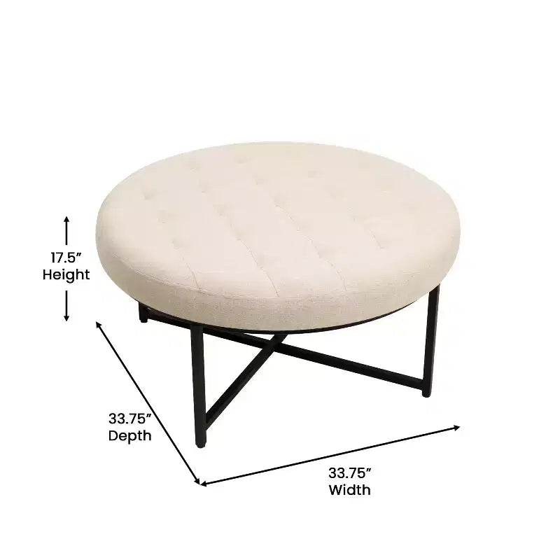 Pouf rond touffeté en coton et lin de 34 po (avec cadre en métal)