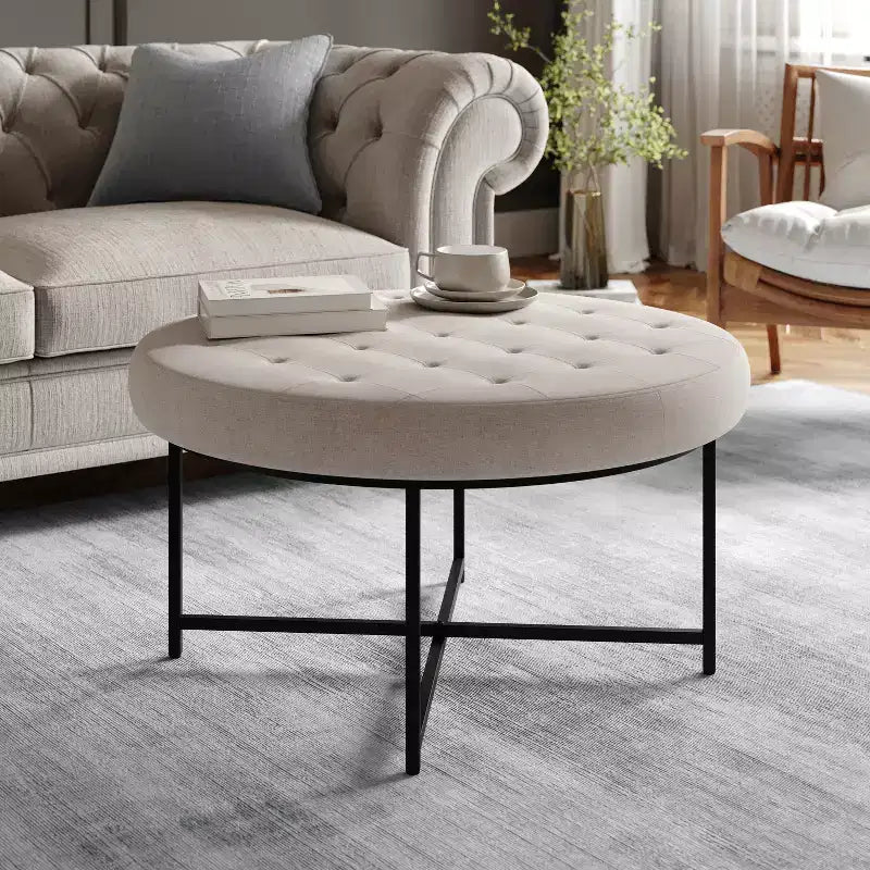 Pouf rond touffeté en coton et lin de 34 po (avec cadre en métal)