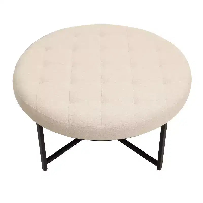 Pouf rond touffeté en coton et lin de 34 po (avec cadre en métal)