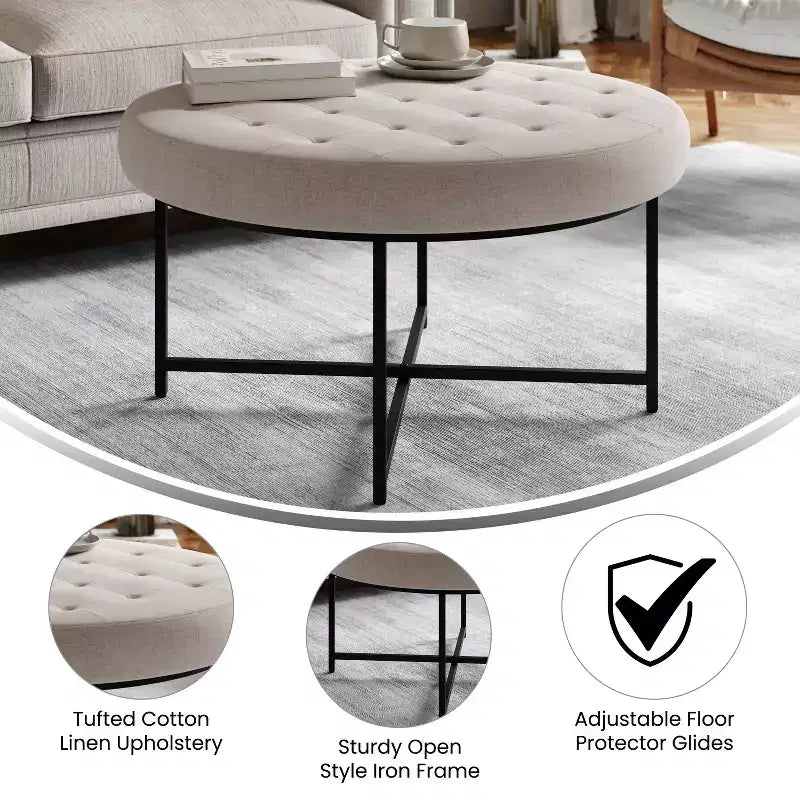 Pouf rond touffeté en coton et lin de 34 po (avec cadre en métal)
