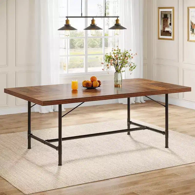 Table à manger de 180 cm pour 6-8 personnes, table de cuisine rectangulaire en bois avec cadre métallique tubulaire pour salle à manger, salon
