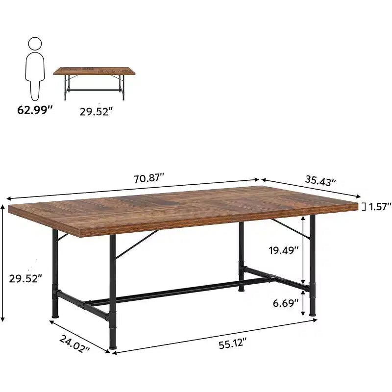 Table à manger de 180 cm pour 6-8 personnes, table de cuisine rectangulaire en bois avec cadre métallique tubulaire pour salle à manger, salon
