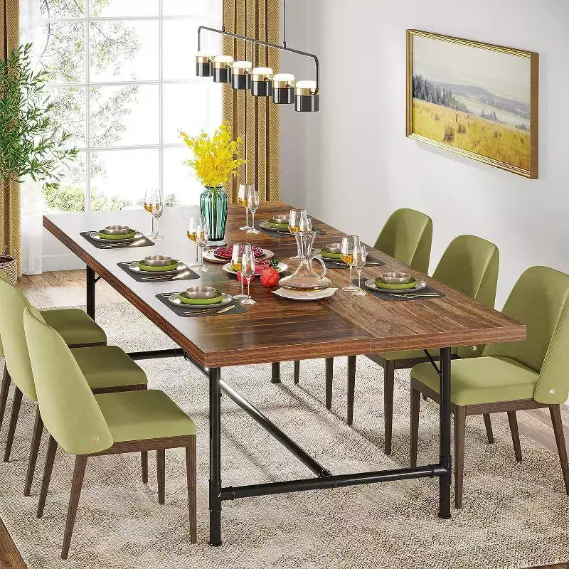Table à manger de 180 cm pour 6-8 personnes, table de cuisine rectangulaire en bois avec cadre métallique tubulaire pour salle à manger, salon