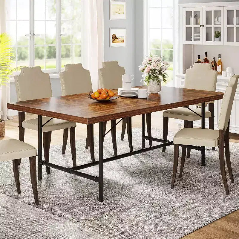 Table à manger de 180 cm pour 6-8 personnes, table de cuisine rectangulaire en bois avec cadre métallique tubulaire pour salle à manger, salon