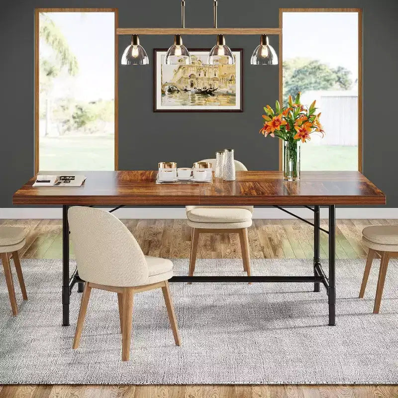 Table à manger de 180 cm pour 6-8 personnes, table de cuisine rectangulaire en bois avec cadre métallique tubulaire pour salle à manger, salon