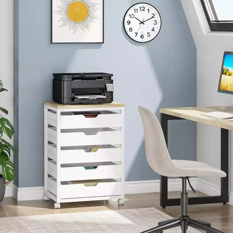 Commode de rangement à 5 tiroirs, meuble de rangement en bois avec roulettes