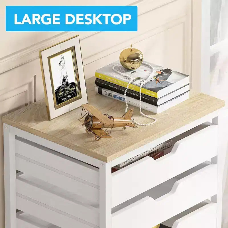 Commode de rangement à 5 tiroirs, meuble de rangement en bois avec roulettes