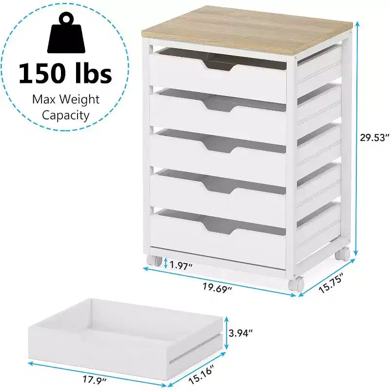 Commode de rangement à 5 tiroirs, meuble de rangement en bois avec roulettes