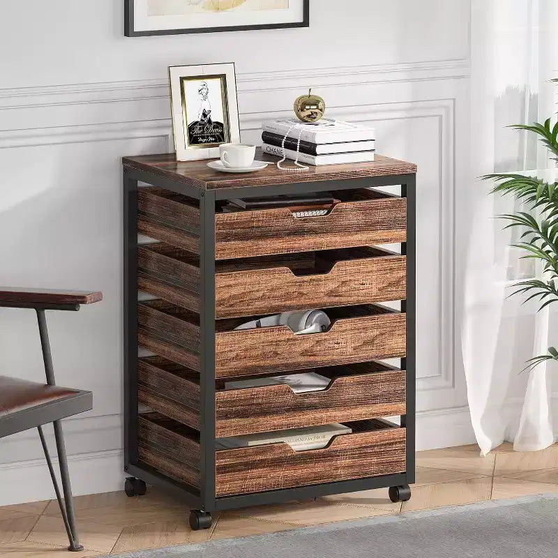 Commode de rangement à 5 tiroirs, meuble de rangement en bois avec roulettes