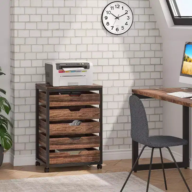 Commode de rangement à 5 tiroirs, meuble de rangement en bois avec roulettes