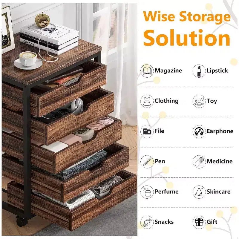 Commode de rangement à 5 tiroirs, meuble de rangement en bois avec roulettes