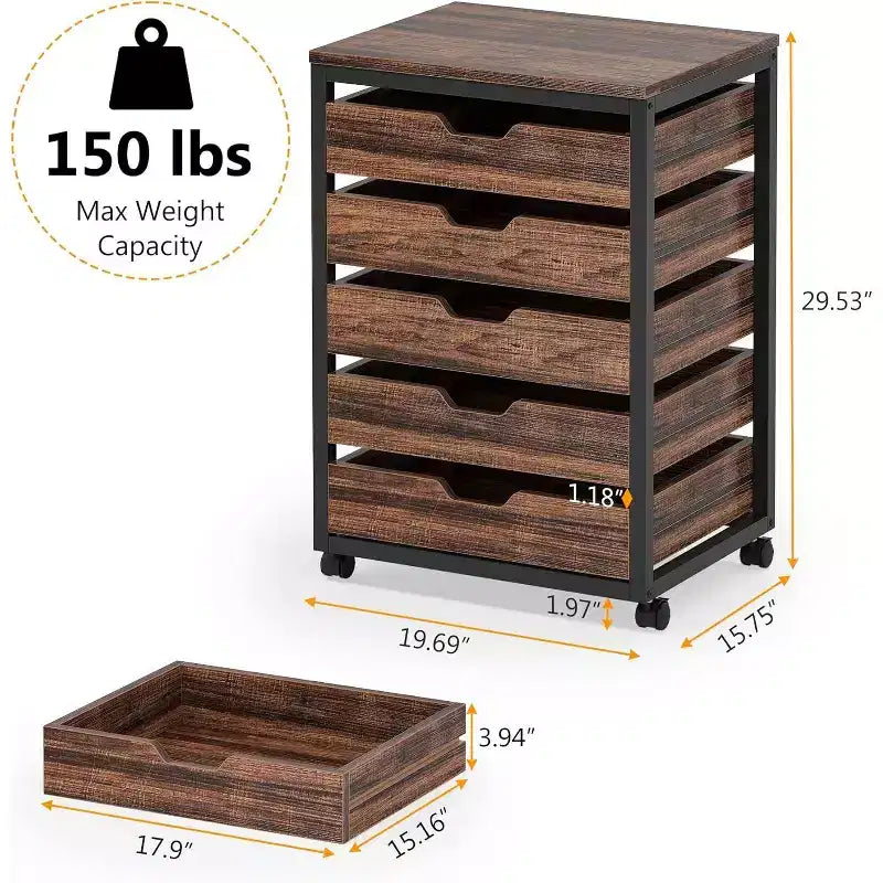 Commode de rangement à 5 tiroirs, meuble de rangement en bois avec roulettes