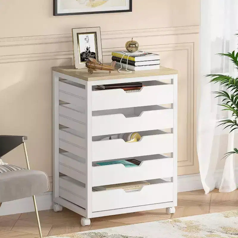 Commode de rangement à 5 tiroirs, meuble de rangement en bois avec roulettes