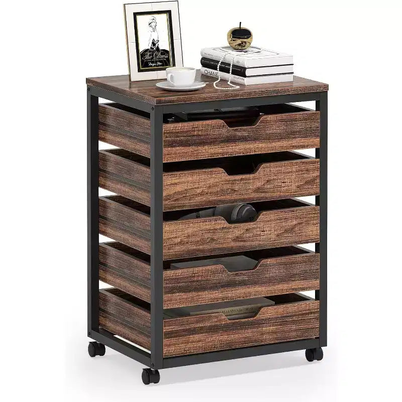 Commode de rangement à 5 tiroirs, meuble de rangement en bois avec roulettes