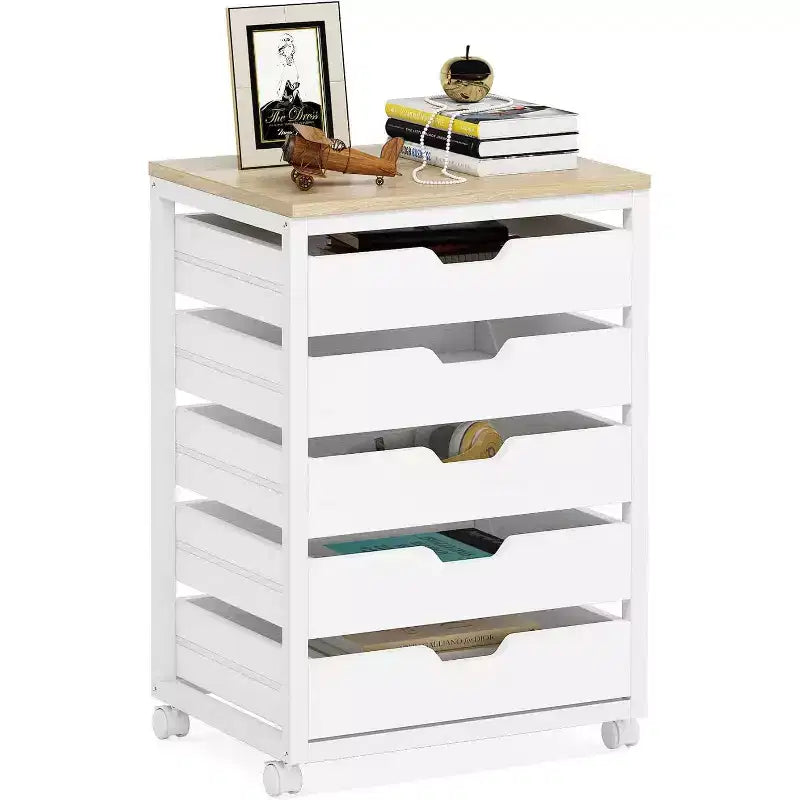 Commode de rangement à 5 tiroirs, meuble de rangement en bois avec roulettes
