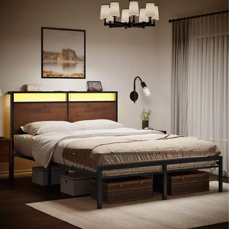 Cadre de lit vintage avec tête de lit LED de rangement, sans sommier tapissier requis