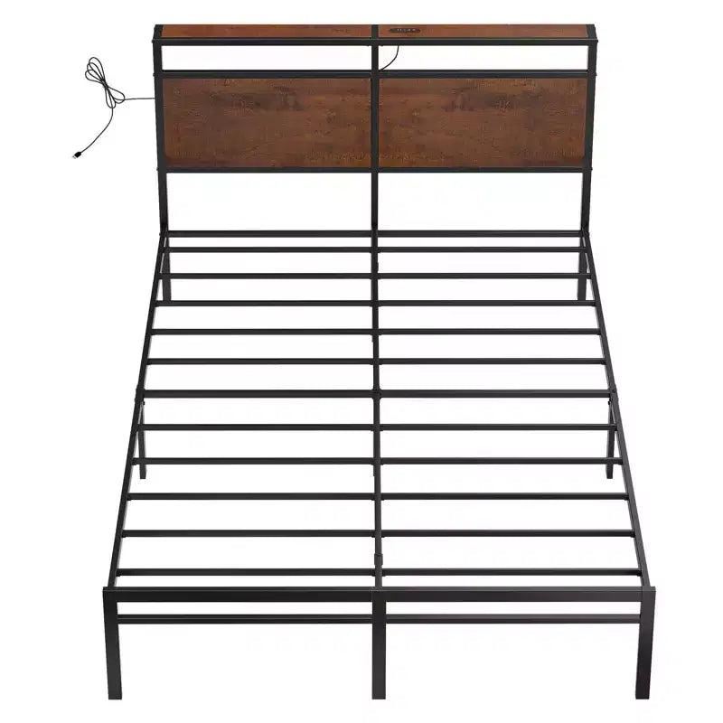 Cadre de lit vintage avec tête de lit LED de rangement, sans sommier tapissier requis