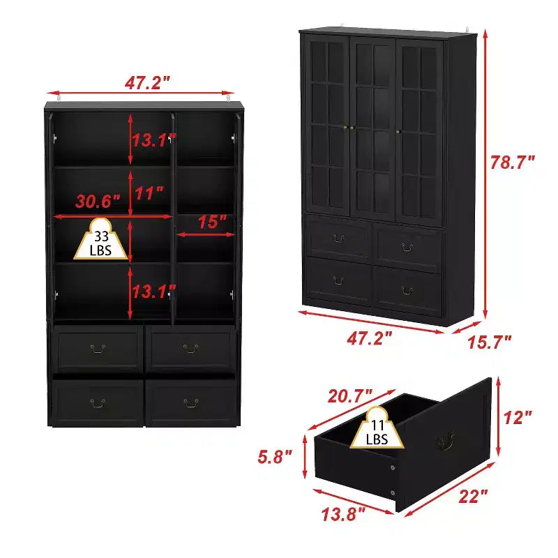Meuble de rangement avec portes vitrées 120 cm (47,2 po) – Étagère de rangement, buffet de cuisine en bois, noir