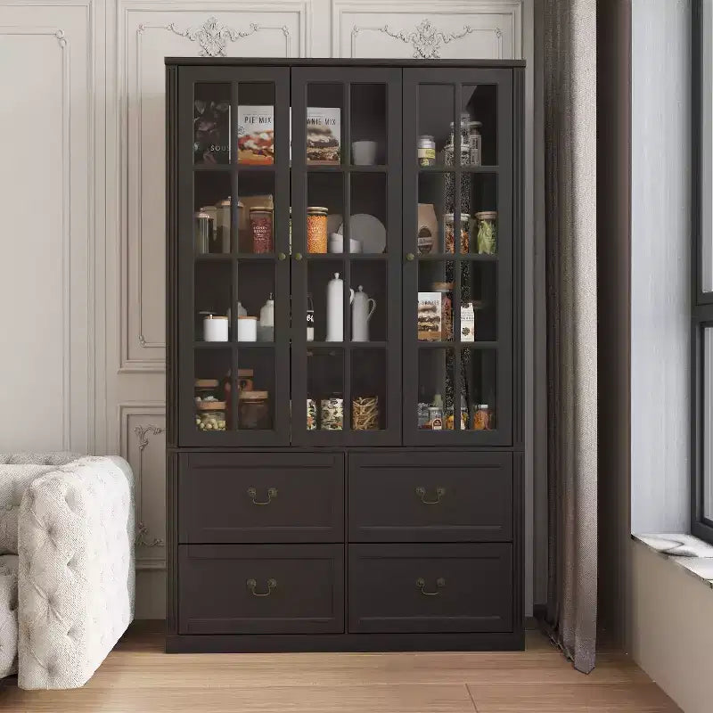 Meuble de rangement avec portes vitrées 120 cm (47,2 po) – Étagère de rangement, buffet de cuisine en bois, noir